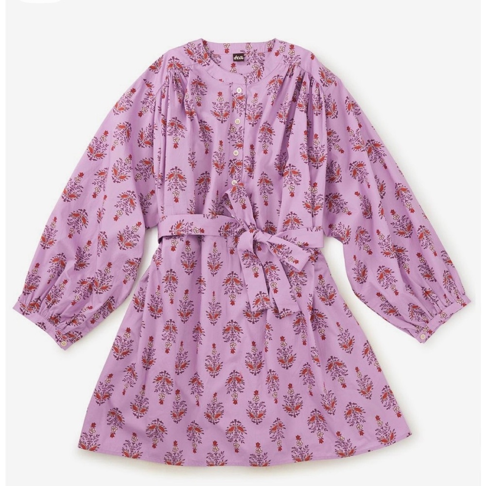 Tea Collection Button Front Tunic Dress Women’s Large Purple Floral Bohemian